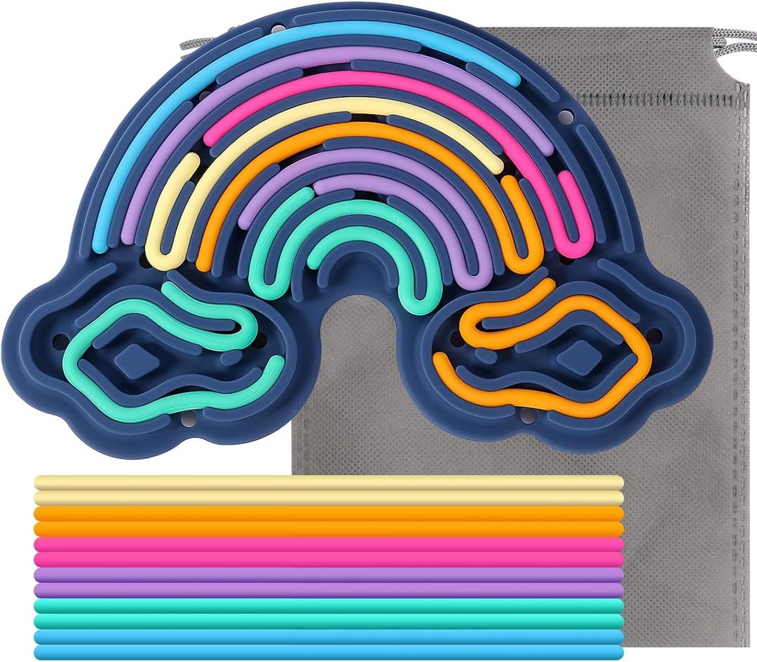 Sensory Activity Board Silicone Fidget Toy, Double-Sided Rainbow Sensory Toys for Autism, Stress, Anxiety, ADHD, Kids 3+& Adults, Includes Travel Bag & 12 Strings, Dark Blue