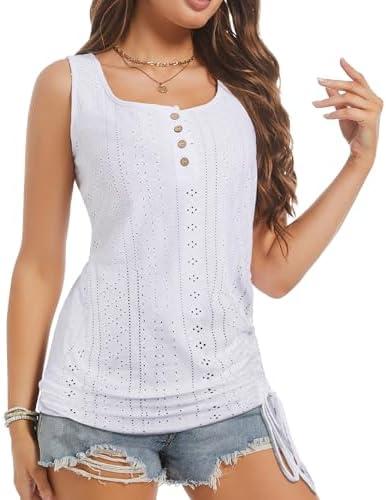 Womens Tank Tops, Summer Tops for Women 2024, U Neck Tank Tops Henley Tank Top Embroidery Sleeveless Stretch Basic Top Shirts, M