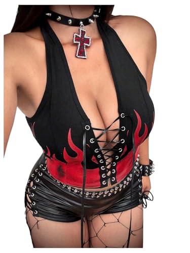 Verdusa Women's Plus Size Y2K Grommet Eyelet Lace Up Halter Tops Open Back Sleeveless Fitted Crop Tops Black ,4X-Large Plus