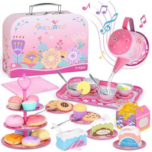 Tea Party Set for Toddles 3-5,PRE-WORLD Musical Kids Tea Set for Little Girls with Dessert,Cookies,Doughnut,Cake,Cake Stand,Tablecloth & Carrying Case,Kitchen Pretend Play Toys for Girls Boys Age 3-6