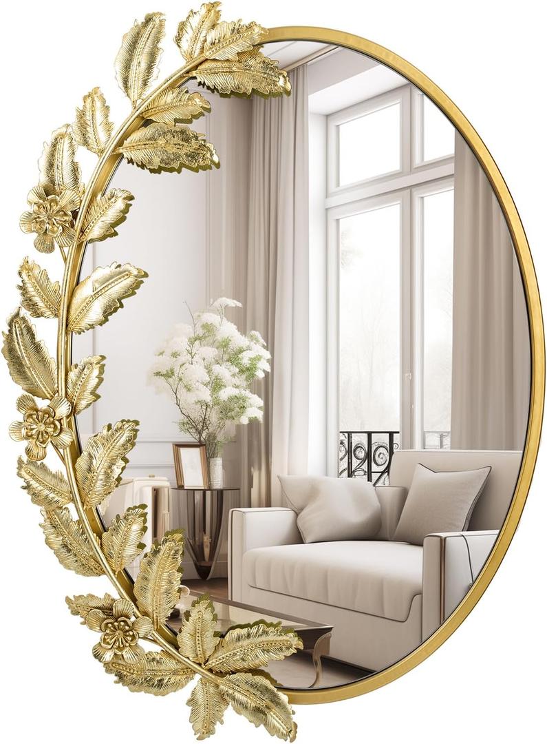 Gold Oval Decorative Mirror, 18x24 Inch Metal Frame Ornate Flower Leaves Modern Wall Mirror for Living Room, Bedroom, Entryway, Dresser, Bathroom