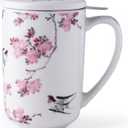 AmorArc Porcelain Tea Mug with Infuser and Lids, 18 Oz Coffee Cup Strainer with Bag Holder for Loose Leaf Tea, Steeping Coffee Mug for House-warming Wedding Birthday Gift (Peach Blossom)