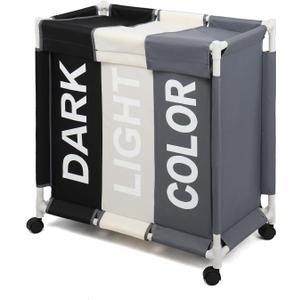 Laundry Sorter 3 Section Laundry Hamper Basket with Rolling Wheels Laundry Organizer Cart for Bathroom Bedroom Nursery (White+Grey+Black)