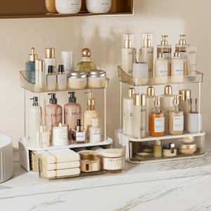 Delamu 2PCS Bathroom Counter Organizer with Drawer, Multi-Purpose 3-Tier Makeup Organizer Countertop for Vanity, Large Cosmetic Display Case Perfume Tray Skincare Organizers, Amber