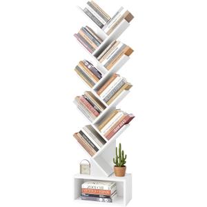 Hoctieon 9 Tier Tree Bookshelf, Tall Bookcase with Drawer, Wood Book Shelf, Modern Floor Standing Bookshelves, Book Organizer Shelves for Bedroom, Living Room, Home Office, White
