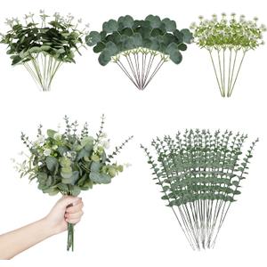 Coreland Artificial Eucalyptus Leaves Stems 120 Pcs 4 Kinds Mixed Fake Silver Dollar Eucalyptus Leaves Stem with Dandelion Bulk Faux Leaf for DIY Bouquets Floral Arrangement Wedding Home Decor
