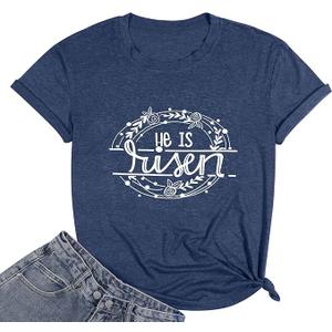 Happy Easter Shirts for Women Floral Rabbit Bunny Shirt Easter Short Sleeve Tee Tops (XL, Blue)