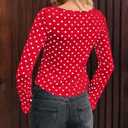 Women Y2k Polka Dot Bow Tie Front Split Hem Peplum Crop Tops Coquette Sweetheart V Neck Long Sleeve Fall Shirts (Red, S)
