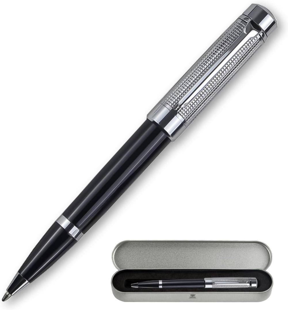 YUNCHUN Heavy Duty Black Ballpoint Pen, Luxury Ball Pen for Writing, Retractable Office Executive Bolgrafo for Work, Nice Gift Set for Men and Women, Black Ink Pen with Silver Checkered Pen Cap