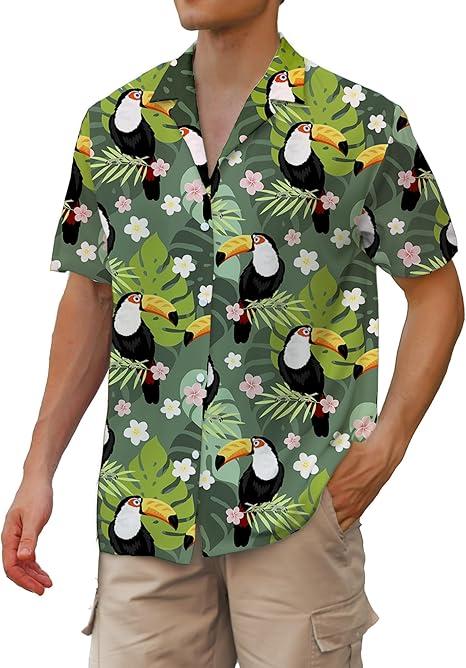 Cromoncent Men's Funky Cuban Collar Shirt, Breathable Button-Up Summer Beach Shirt for Vacation, Bird Army Green, XX-Large Cromoncent Men's Funky Cuban Collar Shirt, Breathable Button-Up Summer Beach Shirt for Vacation, Bird Army Green, XX-Large