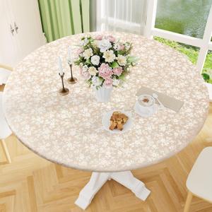 Smiry Round Picnic Tablecloth, Elastic Waterproof Fitted Heavy Duty Vinyl Tablecloths for 45"-56" Tables, Wipeable Washable Table Cover for Kitchen, Dining, Camping, Outdoor, Beige