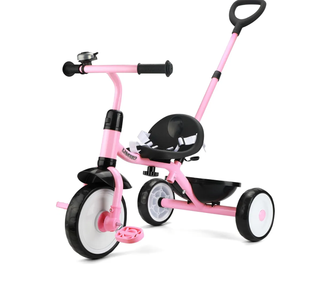 Liberry 2 in 1 Toddler Tricycle Age 2 3 4 Years Old, Kids Trike with Adjustable Push Handle, Bell & Basket, 3 Wheel Bike Riding Toy Birthday Gift for Girls Boys, Light Pink