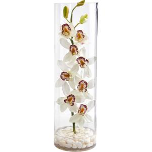 Nearly Natural Cymbidium Orchid Artificial Arrangement in Tall Cylinder Vase