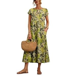 Larmliss Baggy Crew Neck Dress for Women Summer Casual Comfy Cotton Short Sleeve Tunic Beach Maxi Dresses with Pockets , 2CL