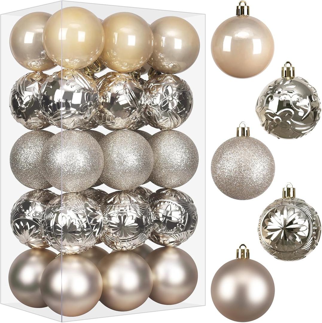 RoseCraft 30PCS Christmas Ball Ornaments, 2.36" Champagne Shatterproof Ornament Set for Christmas Tree Hanging Decorations, for Home Holiday Xmas Party Decor.
