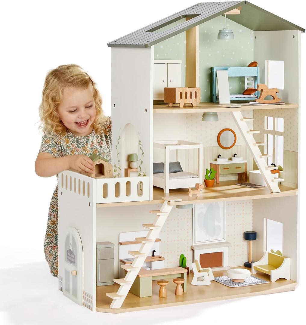 Giant bean Modern Wooden Dollhouse with Lights & 37PCS Furniture Set, Large