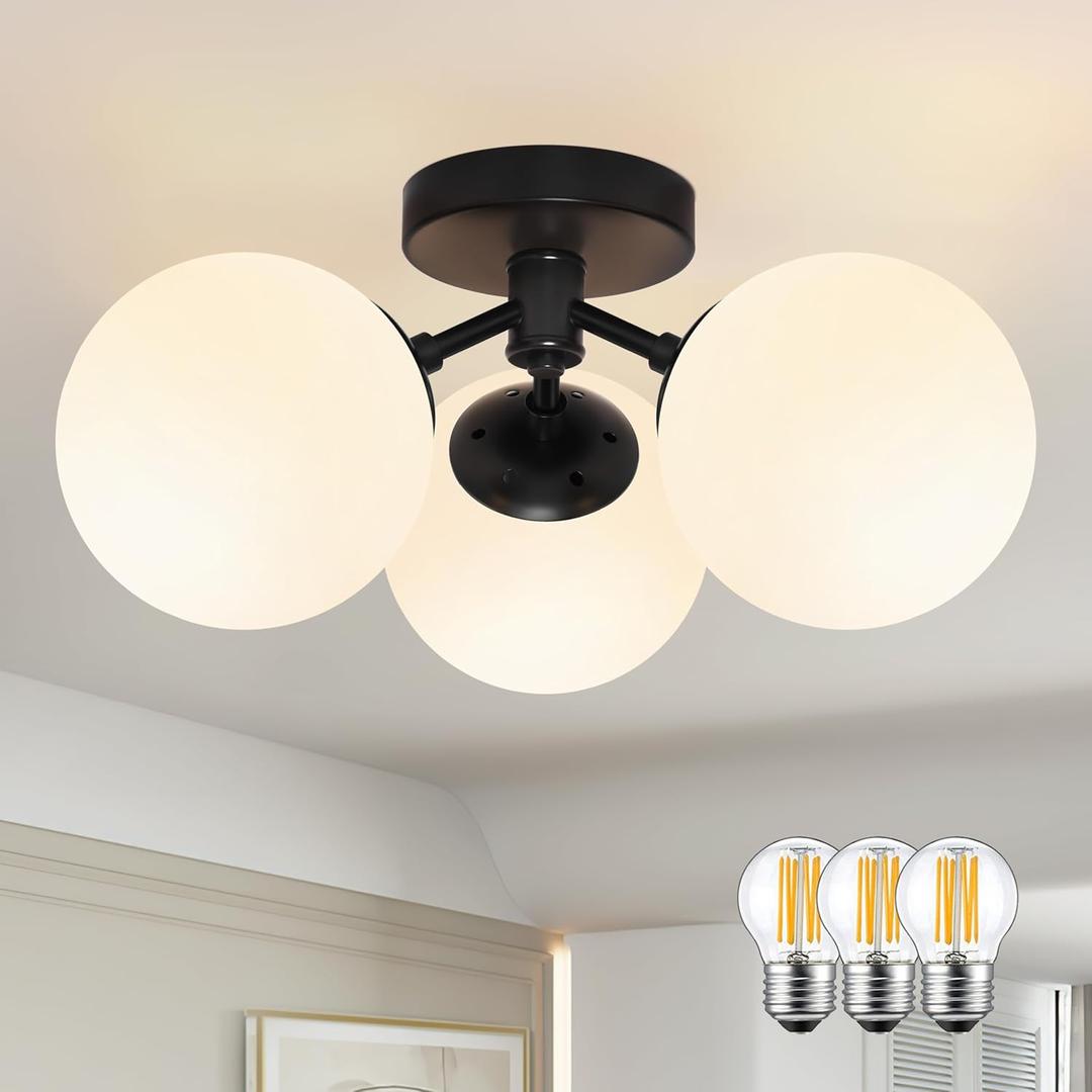 3 Light Mid Century Modern Black Semi Flush Mount Ceiling Light Milk Glass Globe Ceiling Lights Black Chandelier 3 Light Sputnik Ceilings Light Fixture for Bedroom Living Room Hallway Entryway