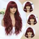 MINSEEYOO Burgundy Wig with Bangs for Women Long Burgundy Wavy Wigs 26 Inch Dark Red Wigs Natural Looking Heat Resistant Synthetic Wig for Daily Party Use