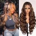 Honey Brown Lace Front Synthetic Wig For women 30 Inch Body Wave 13x4 Lace Front Ombre Brown Highlight wig Heat Resistant Transparent Pre Plucked Hairline with baby hair wig (1B/27/613)