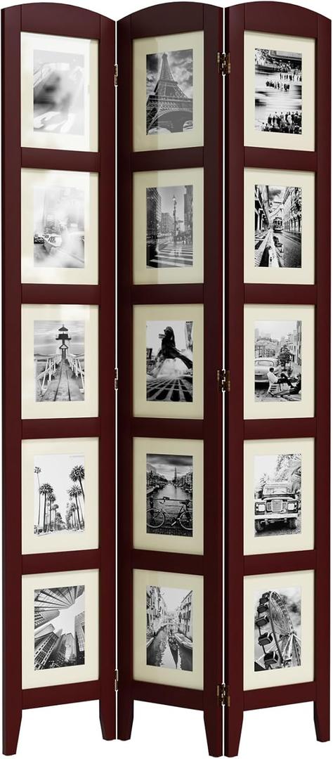 SZQINJI 3 Panel Photo Room Divider Screen, Solid Wood Divider for Room Separation for 8x10 Picture Frame Without Mat for 5x7 Photo with Mat, Walnut