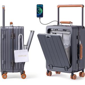 ROPLUS Zipperless Luggage with Front Cover Compartment, Aluminium Frame Checkded-In Rolling Suitcase with USB Ports, TSA Lock, Skate Wheels (GrayBrown, 25-Inch)