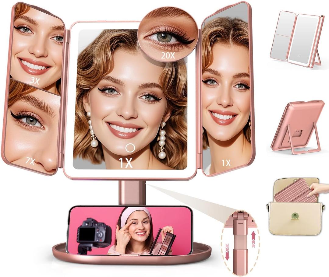 Mocado Makeup Mirror with Lights, 20X/7X/3X Magnifying Mirror with Light, Rechargeable & Height Adjustable Lighted Makeup Mirror, Vanity Mirror with 3 Colors Lights, Detachable Design(Rose Gold)