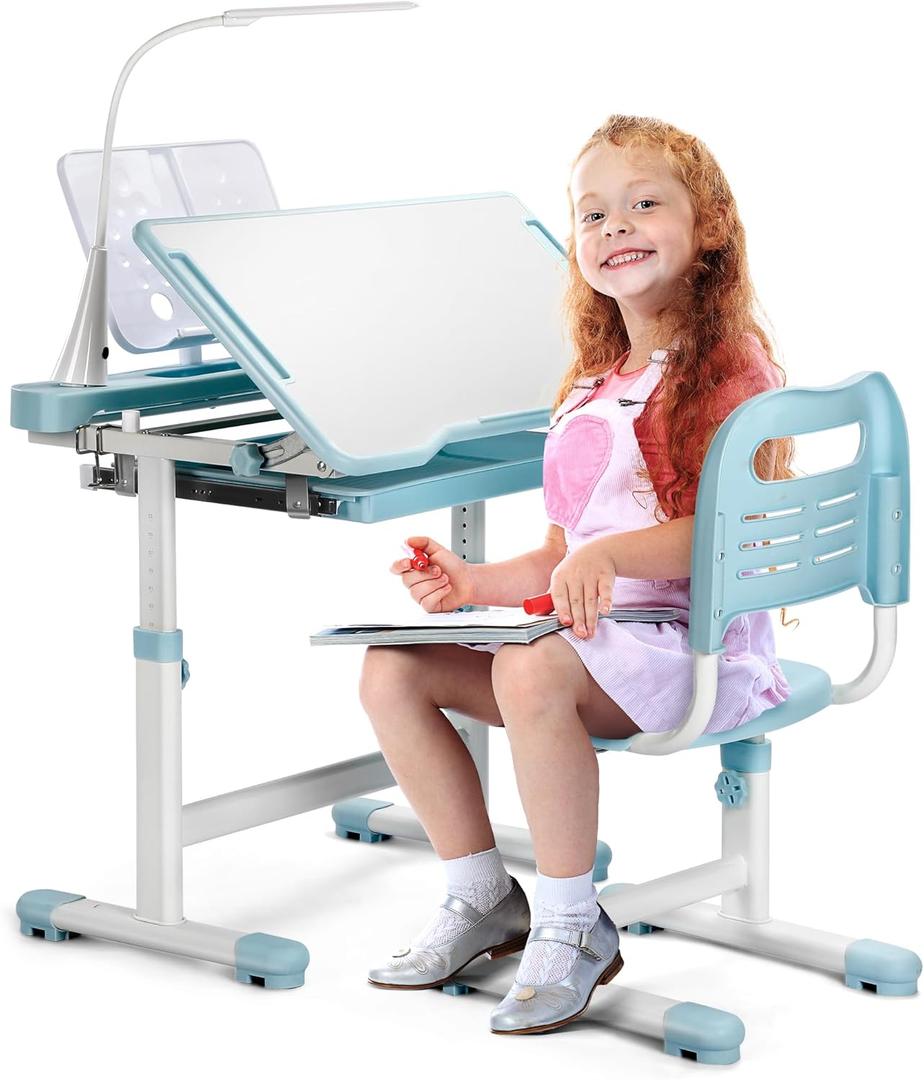 Rengue Kids Desk and Chair Set, Height Adjustable Children School Functional Study Desk with 55 Tiltable Desktop, 3 Modes & Brightness LED Light, Storage Drawer & Metal Hook for Boys Girls (Blue)