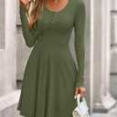 BTFBM Casual Fall Dresses for Women 2025 Long Sleeve Ribbed Button Down Empire Waist A Line Winter Wedding Guest Dress (Green, M)