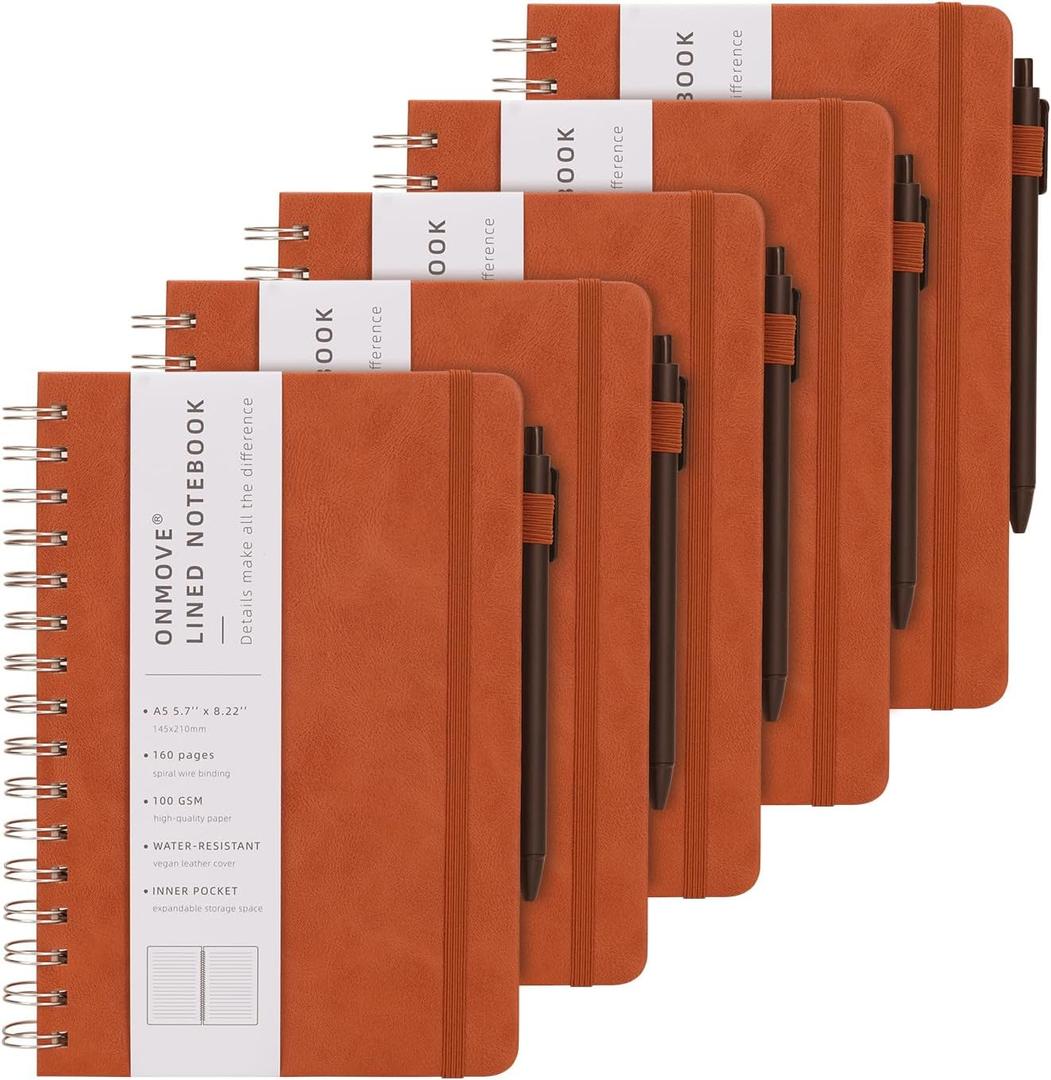 Spiral Notebooks Journal for Women Men 5 Pack Bulk Leather Hardcover with Pen Holder A5 160 Pages 100 GSM Thick Paper for Work School (Brown)