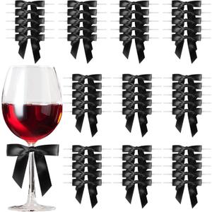 Satin Ribbon Black Bow Decor 2.5" Premade Pink Twist Tie Bows for Gift Wrapping Treat Bags Party Favors Wedding Decorations - 50 Counts