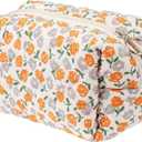 Floral Quilted Makeup Bag, Cute Rose Cosmetic Bag for Women, Flower Travel Toiletry Bag, Cotton Make up Bag Pouch