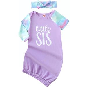 AMAWMW Newborn Baby Girl Little Sister Sleeper Gown Stripe Long Sleeve Nightgown Pajamas Gifts Stuff Essential Outfit (0-6 Months, K Purple Tie Dye Sleeve)
