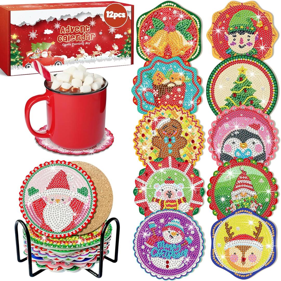 12 Days of Christmas Advent Calendar Diamond Painting Coasters, DIY Crafts Gem Diamond Art Kits for Adults, Elderly Parents, Christmas Ornaments Advent Calendar 2025 for Adults, Seniors, Women, Grils