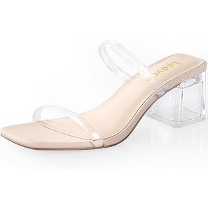 Square Toe Heeled Sandals for Women - Women's Low Block Heels Sandals - 2.25IN Open Toe Ankle Strap Chunky Heels - Slip on Heeled Sandal Mule- Nude Black Strappy Heels for Party Wedding Dress Shoes, Size 7,5 Clear