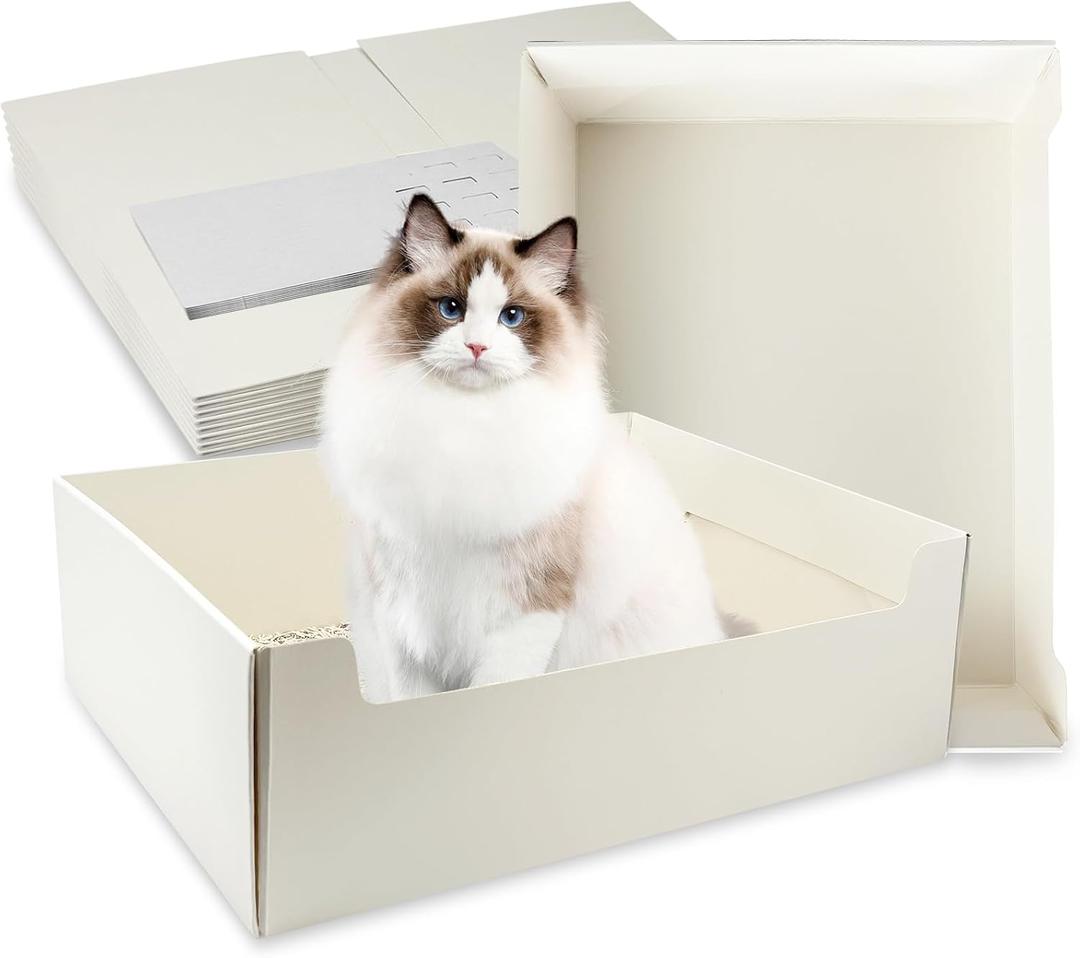 8 Pack White Disposable Litter Boxes for Cats, 14.8 Inch Foldable Paper Kitty Tray with Scoop, Waterproof Cardboard Travel Litter Box for Cats Small Pets - Low Entry