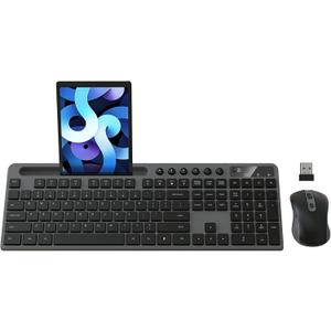Wireless Keyboard and Mouse Combo, MARVO 2.4G Ergonomic Wireless Computer Keyboard with Phone Tablet Holder, Silent Mouse with 6 Button, Compatible with MacBook, Windows (Grey)