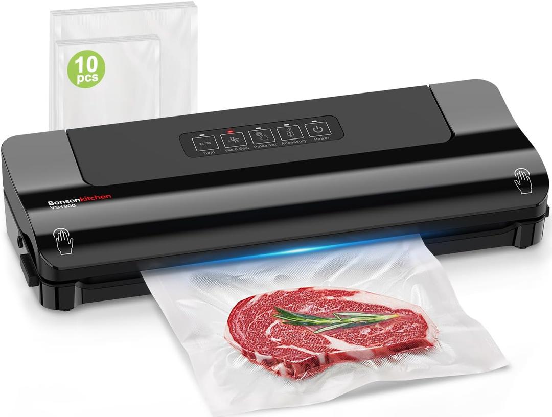 Bonsenkitchen Vacuum Sealer Machine Multi-Functional Food Sealer with 10 Vacuum Bags, Fast-Compact Design, External Vacuum System & Accessory Tube for Freshness Preservation, Black