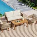 Generic Modern 6-Piece Rope Patio Furniture Set, Outdoor Furniture with Acacia Wood Cool Bar Table with Ice Bucket, Deep Seat Patio Conversation Set with Two Stools for Backyard Porch Balcony (Black & Beige)