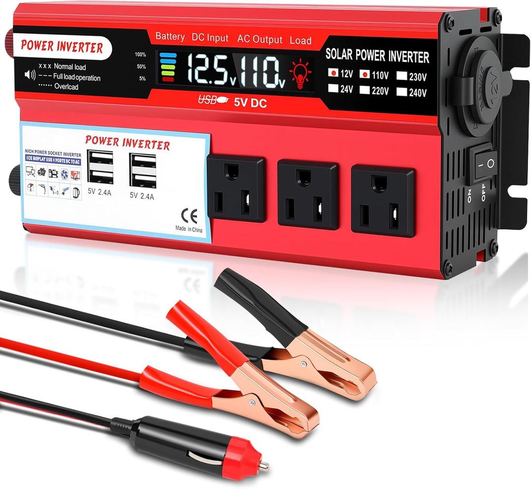 ALSO GO 1000W Power Inverter 12V DC Volt to 110V AC Car Inverter with LCD Screen Display, 3 AC Outlets, 4X 2.4A USB Port, Car Power Converter for Truck, Home, Vehicles, Laptop, Trip