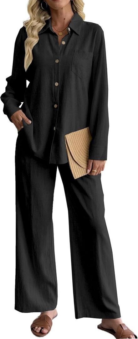 heipeiwa Women's 2 Piece Outfits Linen Long Sleeves Button Down Shirts Wide Leg Pants Sets Tracksuit Casual Vacation Clothes (Black, XXL)