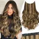 Layered Halo Hair Extensions with Invisible Wire Balayage Chocolate Brown Hair Extensions with Caramel Blonde Highlight (10H/26#) 20’’ Long Wavy Layered Synthetic Hair Extensions for Women
