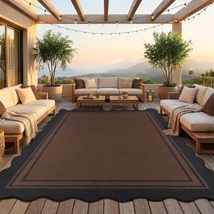 8x10 Scalloped Rug Easy Jute Washable Rug for Living Room Indoor Outdoor Black Brown Geometric Non Slip Carpet for Under Table Neutral Carpet for Backyard Patio Dining Room