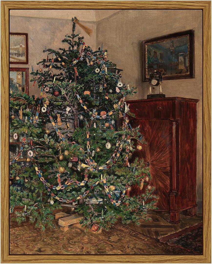 ARPEOTCY Vintage Framed Wall Art, 8x10in, Antique Winter Christmas Tree Canvas Wall Decor Paintings for Living Room, Rustic Country Holiday Prints for Bedroom Bathroom, Gifts