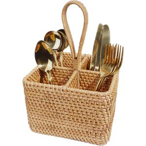 Natural Wicker Utensil Caddy with Built-in HandlesWicker Silverware Caddy with 4 CompartmentsSpoon Cutlery Holder Utensils OrganizerCondiment Organizer Silverware Holder(7.09 * 5.12 inch)