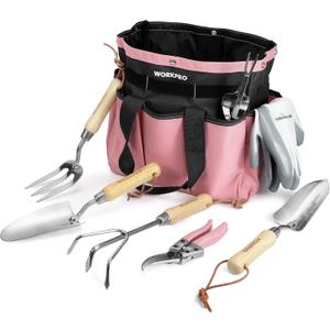 WORKPRO 8-Piece Pink Garden Tool Set, Stainless Steel Gardening Tools with Wood Handle, Including Garden Tote, Gloves, Trowel, Hand Weeder, Cultivator and More, Gardening Gifts For Women - Pink Ribbon