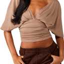 SOLY HUX Women's Deep V Neck Crop Top Short Sleeve Fitted Casual Blouse Going Out Shirts (Pure Khaki)