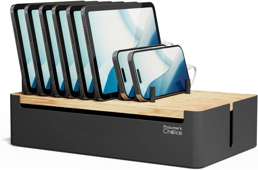 Prosumer's Choice Black Wooden Charging Station Organizer for Multiple Devices - Cable Management Box with 5 Slots and Removable Dividers - Charger Organizer for Phone, Tablet, Home, Office, 12"x6"x7" (Metal & Bamboo Black)