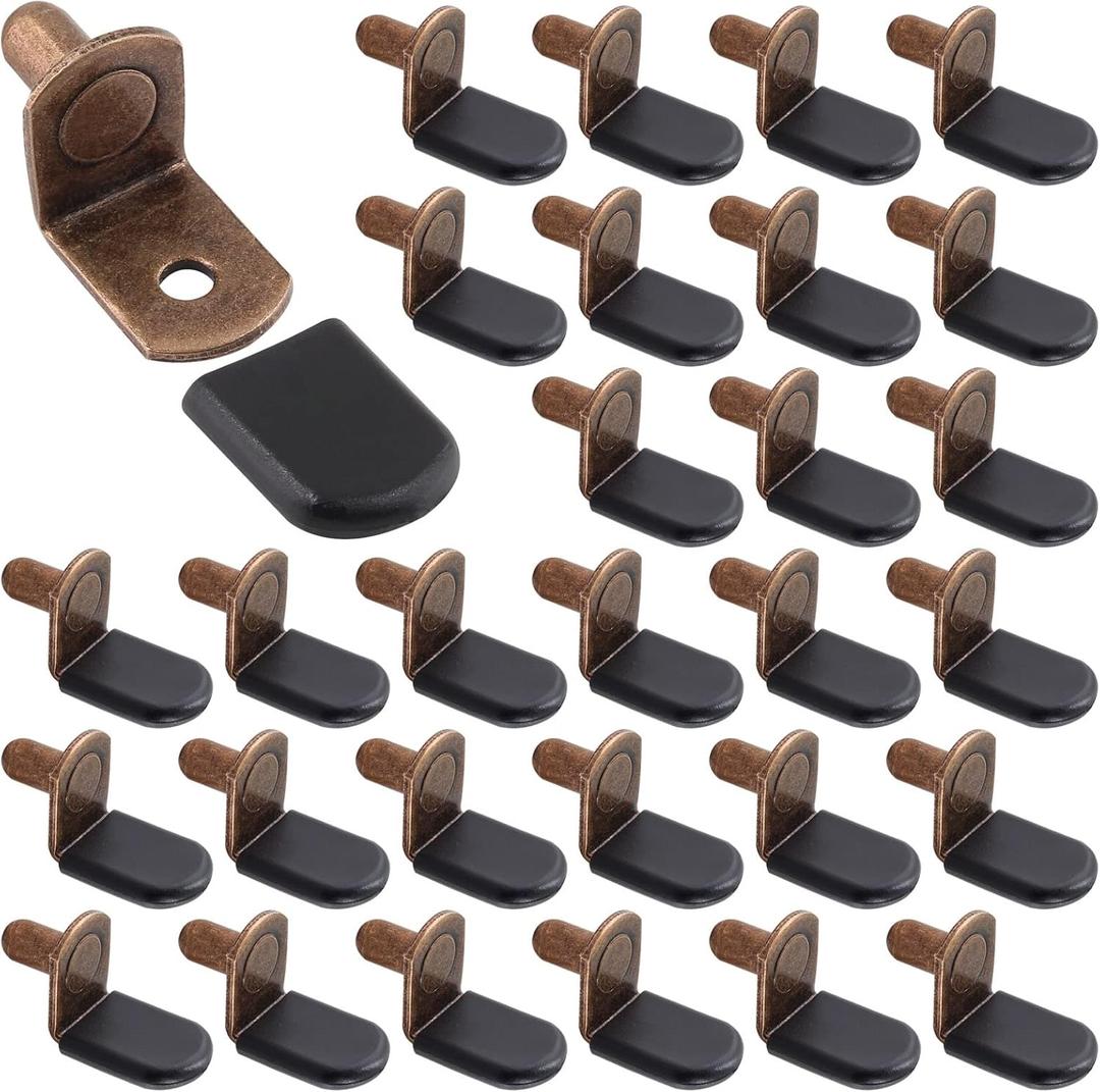 Biaungdo 30 Pcs Shelf Support Pegs, 1/4 Inch L-Shaped Clips with Rubber Sleeve, Cabinet Shelf Pegs for Bookshelves Glass Corner Shelf Cabinet Furniture, Antique Bronze
