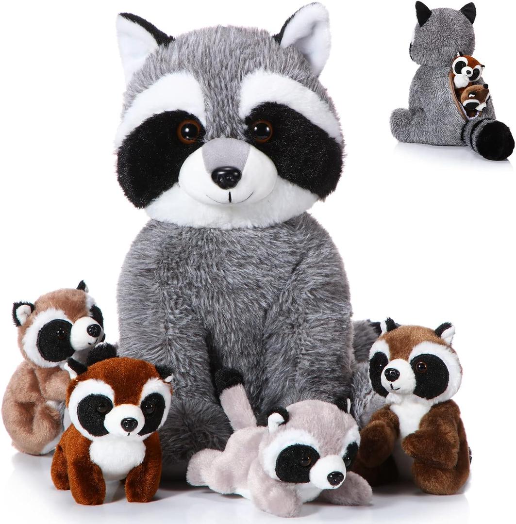 5 Pcs Raccoon Stuffed Animal Set Adorable Mommy Raccoon Plush with 4 Cute Babies in Tummy Soft Cuddly Plushie for Birthday Woodland Party Decor(Cute Style)
