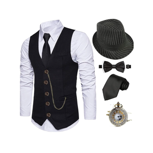 EFORLED 1920s Mens Costume Fedora Hat,Gatsby Gangster Vest,Vintage Pocket Watch,Pre Tied Bow Tie,Tie Size XL